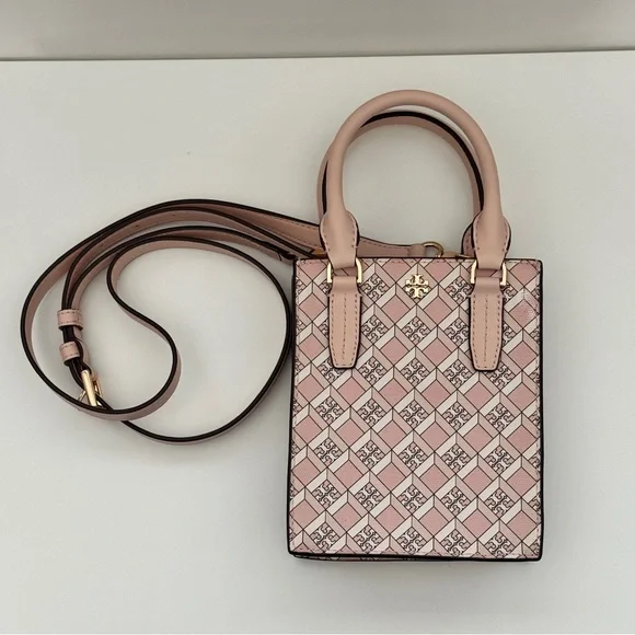 Tory Burch Pink Blush Geo Logo Pattern Mini Shopper Bag Crossbody Bag Purse - Picture 2 of 13